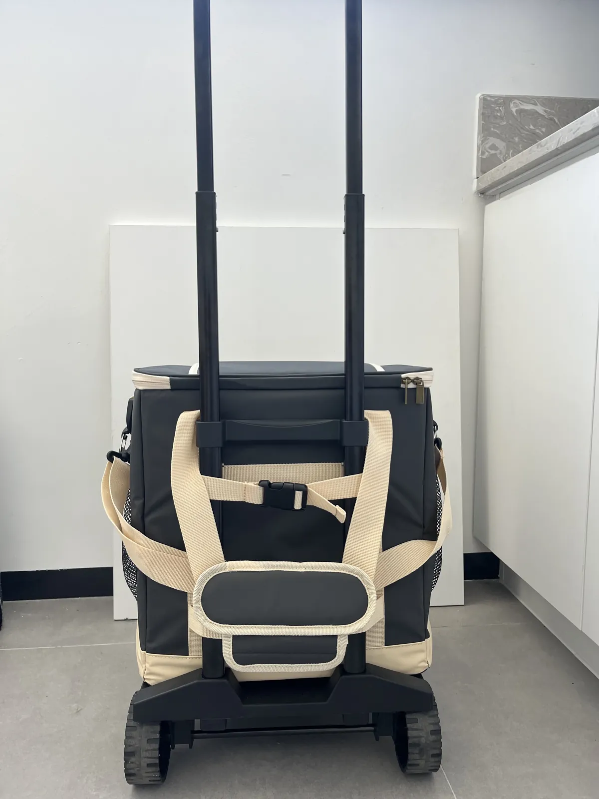Back of TrailCooler Pro rolling cooler bag showing trolley attachment straps