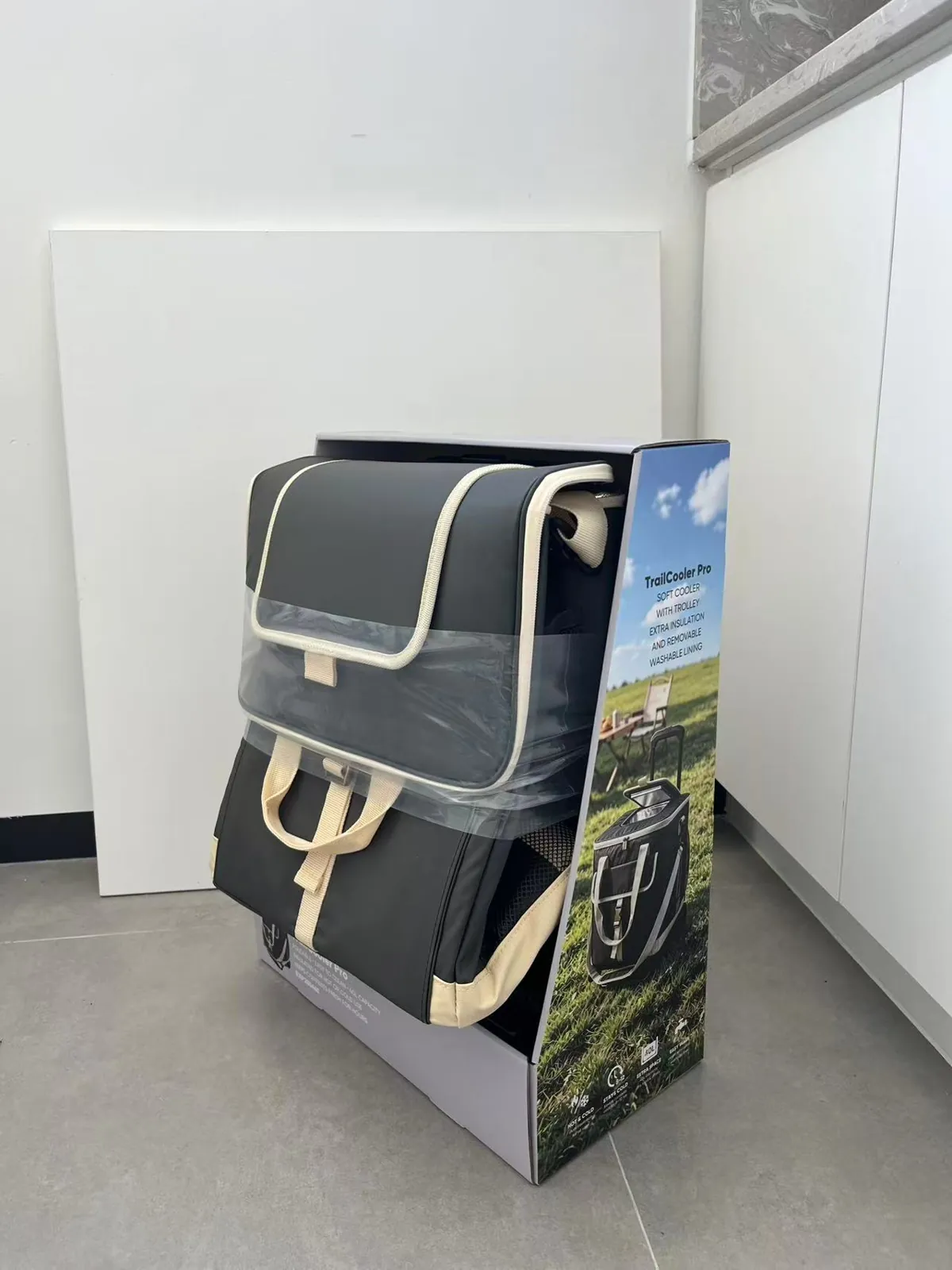 Angled view of TrailCooler Pro cooler bag retail packaging